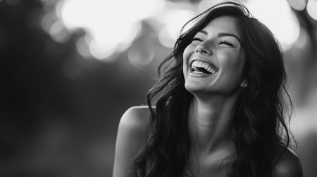 A beautiful woman with long hair laughs joyfully against a softly blurred background. This black and white portrait captures the essence of happiness and carefree spirit.の素材
