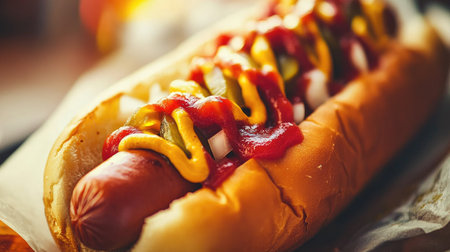 A vibrant hot dog loaded with ketchup, mustard, onions, and pickles served on a soft bun, perfect for summer gatherings or casual meals.の素材