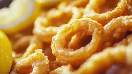 Close-up view of crispy fried onion rings served with fresh lemon slices, highlighting the golden texture and savory appeal of this popular snack.の素材