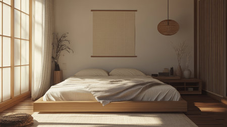 A serene minimalist bedroom featuring natural light, wooden furniture, and a cozy bed setup, creating a peaceful and harmonious atmosphere for relaxation.の素材