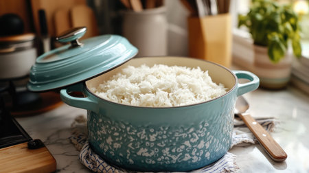 A beautiful blue pot filled with fluffy, freshly cooked rice. This warm and inviting kitchen scene captures the essence of home cooking and comfort food.の素材