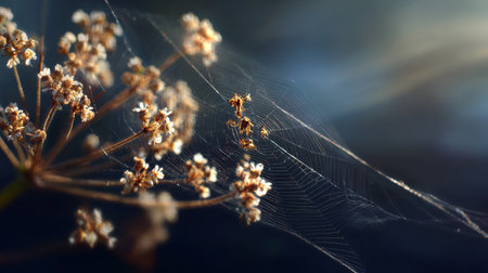 This captivating image showcases a close-up view of a spider web adorned with tiny insects on dried flower stems. Sunlight bathes the scene in a warm, golden hue.の素材