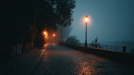 A peaceful nighttime view features warm street lamps glowing softly over a cobblestone path beside a tranquil waterway, enveloped in gentle fog and twilight.の素材