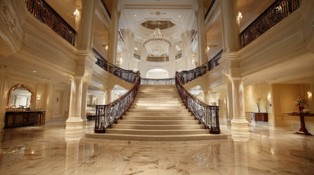 Explore an elegant grand staircase adorned with a beautiful chandelier in a luxurious hotel lobby, featuring stunning marble floors and sophisticated architectural details.の素材
