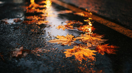 This image showcases stunning autumn leaves scattered on wet pavement, reflecting warm golden sunlight. A serene and peaceful moment captures the essence of nature's beauty.の素材