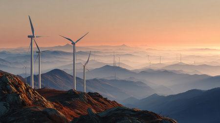 A tranquil sunrise illuminates a landscape of wind turbines nestled among majestic mountains, showcasing a peaceful blend of nature and renewable energy.の素材