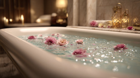 Indulge in a tranquil spa experience with a beautifully arranged bathtub filled with petals, evoking relaxation and self-care in a stunning setting.の素材