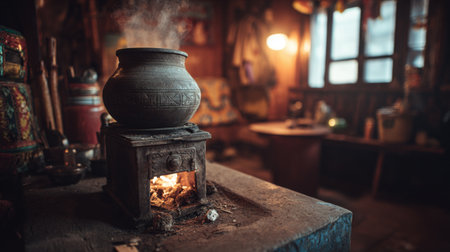A rustic kitchen atmosphere with a ceramic pot sitting atop a clay stove, emitting smoke, beautifully captured with warm lighting that enhances the traditional setting.の素材