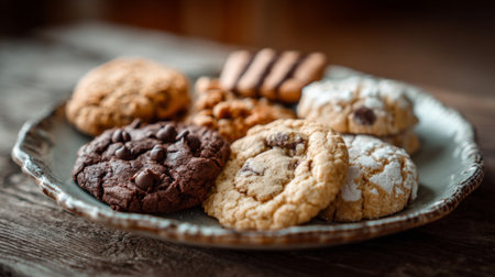 A beautifully arranged plate of assorted cookies highlighting various flavors and textures. Ideal for baking enthusiasts, dessert presentations, and culinary inspiration.の素材