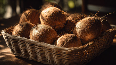 A rustic basket showcases a collection of brown coconuts, capturing their natural texture and organic appeal under soft sunlight, ideal for food and lifestyle themes.の素材