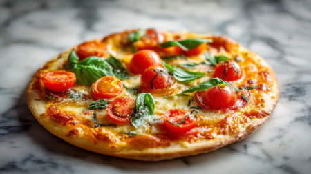 A mouthwatering margherita pizza topped with vibrant cherry tomatoes and fresh basil, elegantly presented on a marble surface, perfect for food enthusiasts.の素材