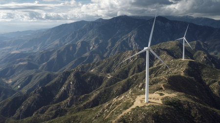 Breathtaking aerial view showcasing wind turbines set against a beautiful mountain scenery under a dynamic sky. Emphasizes renewable energy efforts in nature.の素材