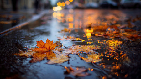 A stunning close-up of vibrant autumn leaves resting on a wet pavement, reflecting warm city lights, creating a tranquil and artistic atmosphere on a rainy evening.の素材