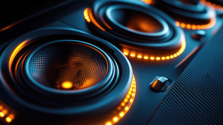 Close-up of a stylish speaker featuring vibrant lights and intricate design. This image captures the essence of modern audio equipment and its stunning aesthetics.の素材