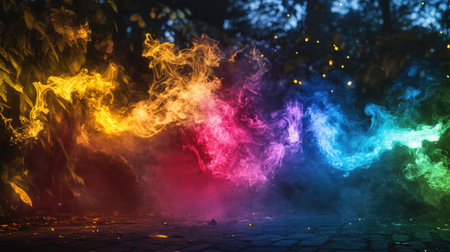 A captivating display of colorful smoke swirling through a mystical setting. This vibrant composition showcases flowing colors, creating an enchanting atmosphere.の素材
