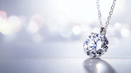 A stunning diamond pendant hangs gracefully on a delicate chain, showcasing its brilliant sparkle against a softly blurred background, evoking elegance and luxury.の素材