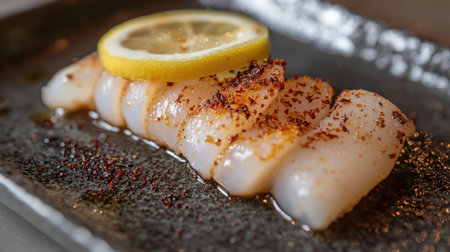 A beautifully plated dish featuring sliced fish garnished with lemon. This image highlights fresh seafood with appealing textures and vibrant colors. Perfect for culinary themes.の素材
