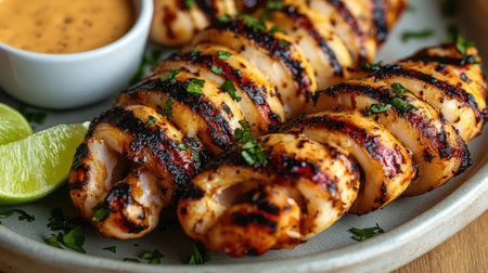 Close-up of delicious grilled squid served on a plate with flavorful sauce and lime wedges, showcasing vibrant colors and appetizing textures. Perfect for food lovers!の素材