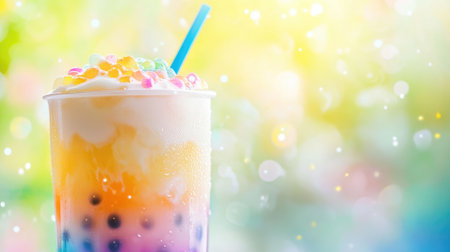 A refreshing and colorful bubble tea topped with vibrant jelly beads and cream, perfect for summer gatherings and festive occasions.の素材