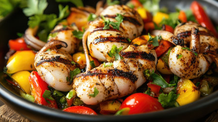 A vibrant bowl of grilled seafood paired with fresh vegetables. This dish showcases a blend of flavors and colors, perfect for a healthy meal option.の素材