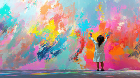 A young child stands before a vibrant mural, arms raised in joyful expression. This image captures the essence of creativity and imagination in art.の素材