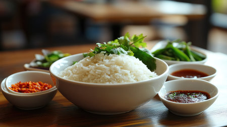 A delicious bowl of fresh rice surrounded by various sauces and fresh vegetables, perfect for a flavorful meal or a delightful dining experience.の素材