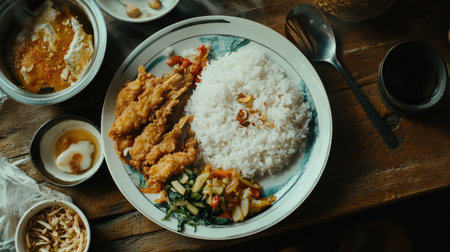 A beautifully arranged plate featuring crispy fried chicken, steamed rice, and colorful vegetables on a rustic wooden table, perfect for meal inspiration.の素材