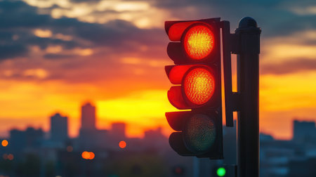 A vibrant red traffic light stands tall against a stunning sunset cityscape, highlighting the interplay of urban life and safety in transportation.の素材