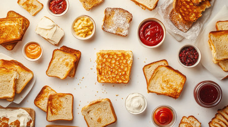 A vibrant spread of assorted toast with various toppings and condiments, perfect for breakfast or a snack. Enjoy the delicious combination of flavors!の素材