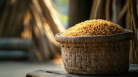 A close-up of freshly harvested grain in a rustic handwoven basket, showcasing the beauty of agricultural produce in a natural setting, ideal for food-related themes.の素材