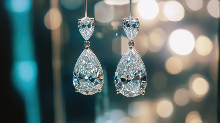Gorgeous diamond earrings reflecting light showcase elegance and luxury. Perfectly designed with intricate details, ideal for special occasions or gifts.の素材