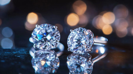 Stunning close-up of elegant diamond rings showcasing their brilliance and reflection. Perfect for themes of luxury, beauty, and special occasions.の素材
