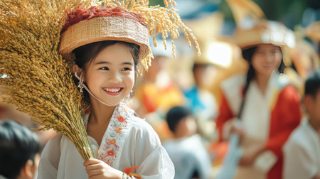 A joyful girl in traditional attire holds a bundle of harvest, radiating happiness during a community celebration. The vibrant scene captures the essence of culture and agriculture.の素材