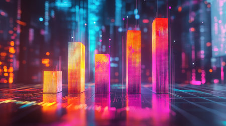 This vibrant digital artwork illustrates a futuristic data visualization concept with colorful bars representing growth and statistics in a tech-driven environment.の素材