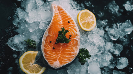 A vibrant slice of fresh salmon on ice, garnished with lemon slices, showcasing culinary beauty. Perfect for food photography and seafood dishes.の素材