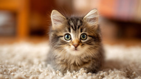 Captivating image of a fluffy kitten with bright blue eyes, resting on a soft carpet. This adorable pet evokes warmth and charm in any indoor setting.の素材
