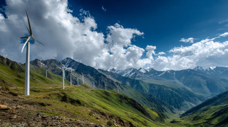 A captivating view of a wind turbine farm nestled in a lush green valley, surrounded by majestic mountains under a bright blue sky filled with fluffy clouds.の素材