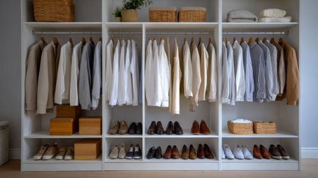 A tidy wardrobe showcasing a range of shirts, shoes, and accessories, emphasizing modern design and efficient organization for a stylish living space.の素材