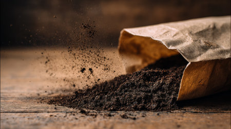 Aesthetic close-up of fine ground coffee spilling from a paper bag on a rustic wooden table. The warm lighting creates a cozy kitchen atmosphere perfect for coffee lovers.の素材