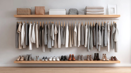 A beautifully organized minimalist wardrobe showcases a variety of neutral-toned clothing and stylish shoes, perfect for enhancing modern interior design aesthetics.の素材