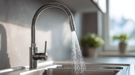 A sleek kitchen faucet with a flexible neck gracefully pours water into a stainless steel sink, enhancing the modern aesthetic and brightening the home environment.の素材