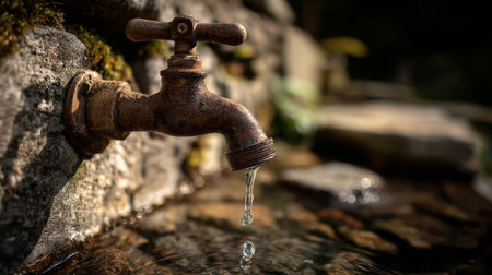 A close-up of a rustic faucet dripping water into a serene natural setting, surrounded by stones and greenery, showcasing the beauty of outdoor plumbing elements.の素材