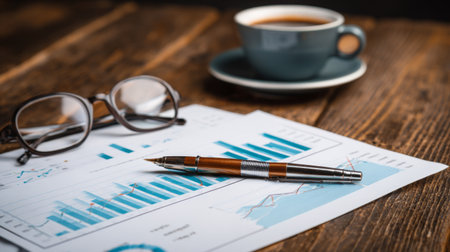 A workspace scene featuring a business report with graphs, a pen, stylish glasses, and a cup of coffee on a rustic wooden table, ideal for planning and analysis.の素材