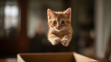 A lively orange kitten is captured mid-air jumping above a cardboard box, illustrating its playful spirit and natural curiosity in a cozy indoor environment.の素材