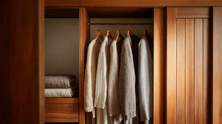 A cozy wooden wardrobe showcasing neatly hung clothes and well-folded blankets, ideal for promoting minimalist home dの素材