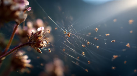 Captivating image of a spider web adorned with light sparkling on flower petals, showcasing the beauty and intricacy of nature in a tranquil setting.の素材