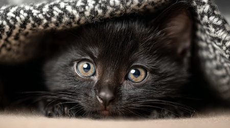 A charming black kitten peering from beneath a soft blanket, showcasing its captivating eyes and playful spirit, perfect for capturing the warmth of pet companionship.の素材