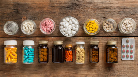 This image displays a diverse collection of capsules, tablets, and supplements arranged in glass jars against a rustic wooden background, representing health trends.の素材