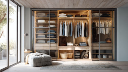 This image showcases a modern wardrobe in a contemporary setting, emphasizing organized storage for clothing and accessories, enhanced by soft lighting and natural elements.の素材
