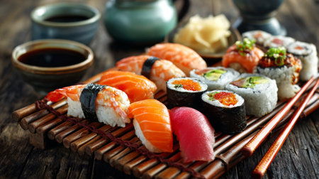 Discover an enticing sushi platter featuring vibrant rolls and fresh seafood served elegantly on a wooden tray, perfect for food lovers and culinary enthusiasts.の素材